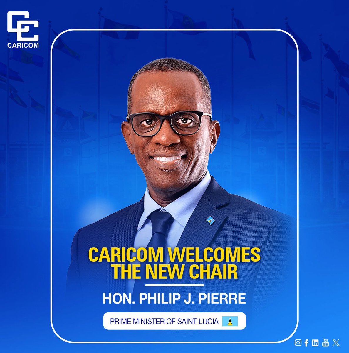 CAHFT's tweet photo. 📷 NEW #CARICOM CHAIR 📷

Today (1 July 2026), the Honourable Philip J. Pierre, Prime Minister of Saint Lucia officially assumes duty as Chair of the Conference of Heads of Government of the Caribbean Community (#CARICOM) for a six-month term.
@PhilipJPierreLC https://t.co/yKKo7OuxOm