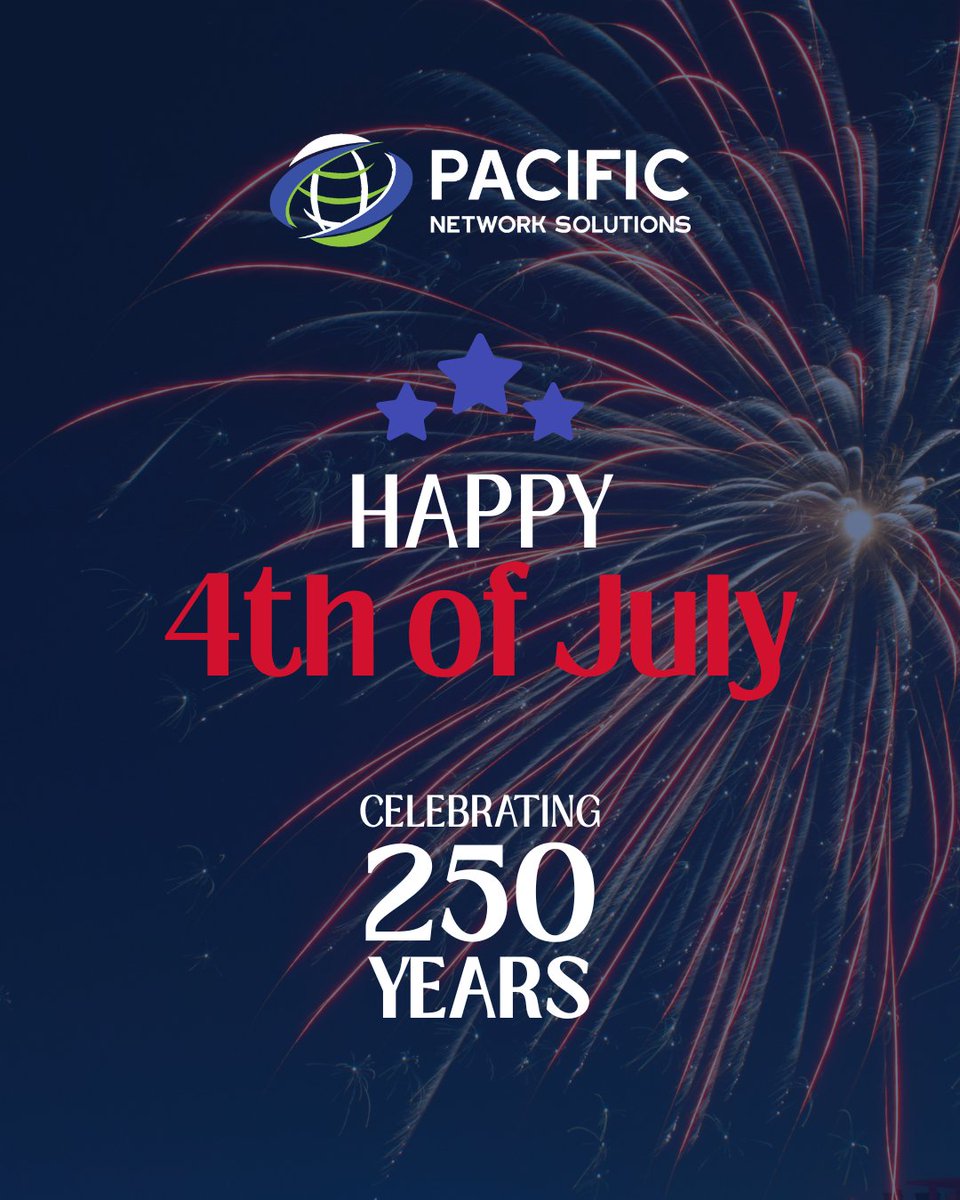 PacNetSolutions's tweet photo. This weekend we celebrate America's 250th anniversary, as well as the freedoms we cherish and the communities that bring us together. Happy Fourth of July from our team to yours! 🎆

#fourthofjuly #independenceday #pacnet #pacificnetworksolutions #telecom #telecommunications https://t.co/HYtONPOUCB