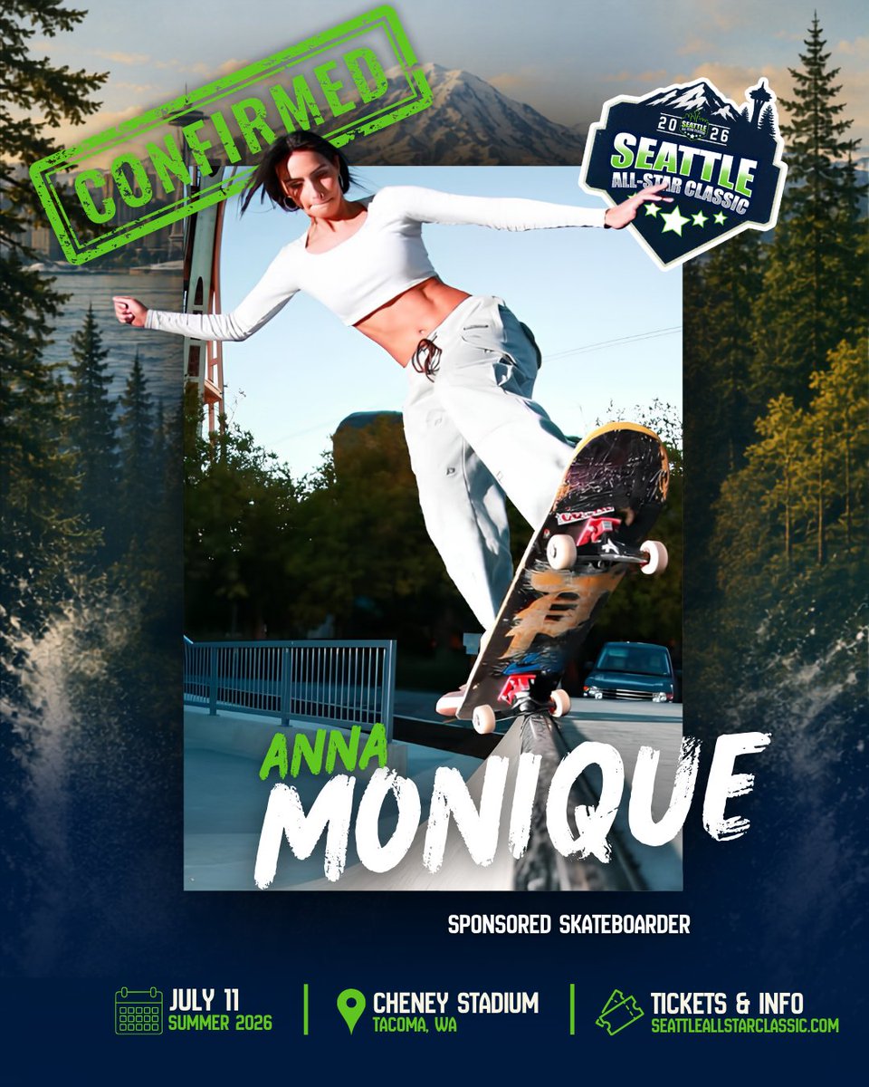 seattle_asc's tweet photo. Sponsored skateboarder &amp; business owner AnnaMonique is coming back and taking the field at the 2026 Seattle All-Star Classic!

🗓️ Saturday, July 11
📍Cheney Stadium (Tacoma, WA)
🕑 3:30 PM

#SASC2026 #celebritysoftballgame #thingstodoinsesttle #annamonique https://t.co/S09HfmDuTA