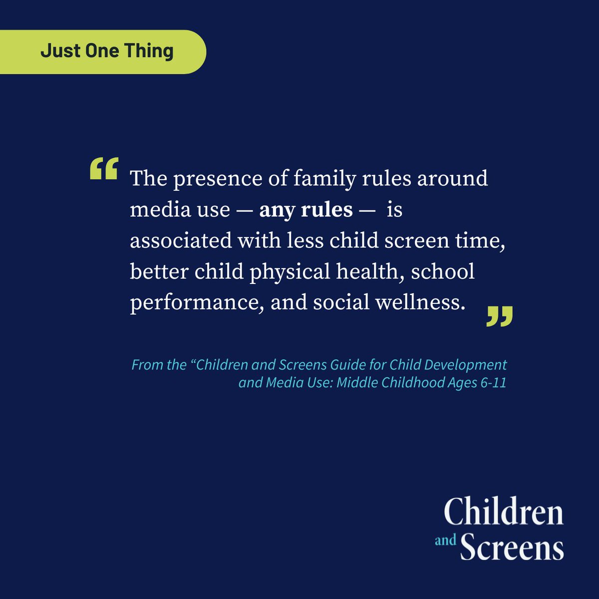 childrenscreens's tweet photo. #JustOneThing to incorporate into your household this summer – be intentional and consistent about setting family rules around media use. Research indicates the presence of any kind of family rules about media use is associated with better child well-being.

Learn more from the Ages 6-11 Guide from Children and Screens 👉 https://t.co/Xdk5zt8NSD