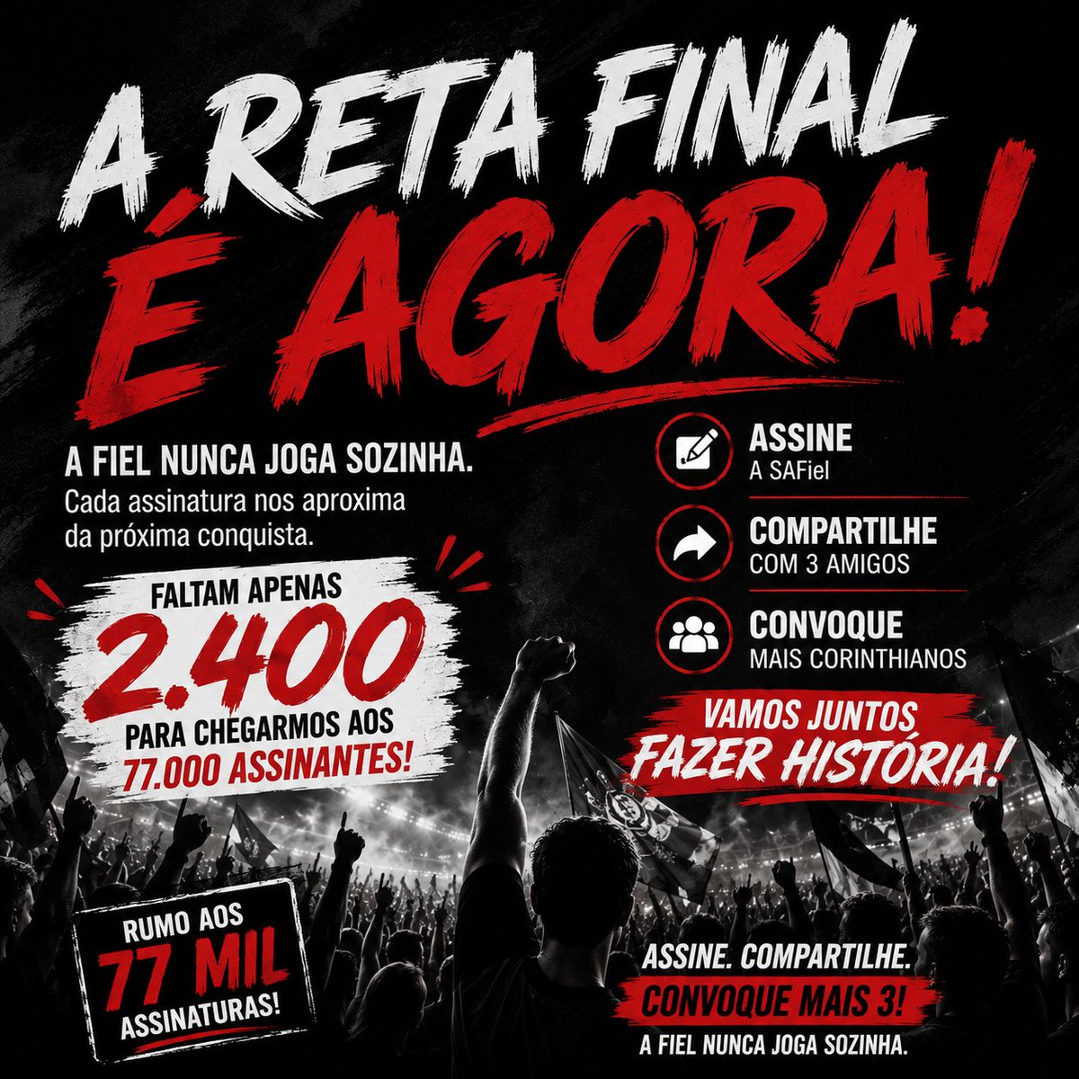 Safiel_1910's tweet photo. Assine a SAFiel, compartilhe e convoque mais 3 corinthianos.

Chegamos até aqui juntos. E vamos cruzar essa linha juntos. 

Faltam apenas 2.400 assinaturas para alcançarmos a marca de 77 mil.

Se cada corinthiano que já assinou convidar mais 3 amigos, essa meta chega muito mais rápido.

A Fiel nunca joga sozinha.

Vamos fazer esse contador virar história. 

#SAFiel #VaiCorinthians #Fiel #Safieljá
