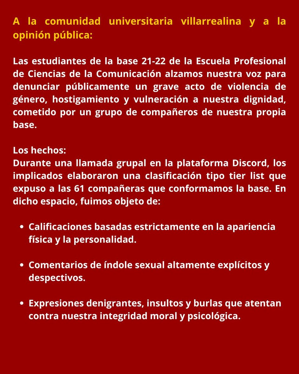 UniversitarioF4's tweet photo. 🚨 COMUNICADO PÚBLICO | DENUNCIA CONTRA LA VIOLENCIA DE GÉNERO Y EL ACOSO
Las estudiantes de la base 21-22 de la Escuela Profesional de Ciencias de la Comunicación denuncin públicamente un grave caso de violencia de género, hostigamiento y vulneración de su dignidad, cometido
1/3 https://t.co/gaDeASJ4Ad