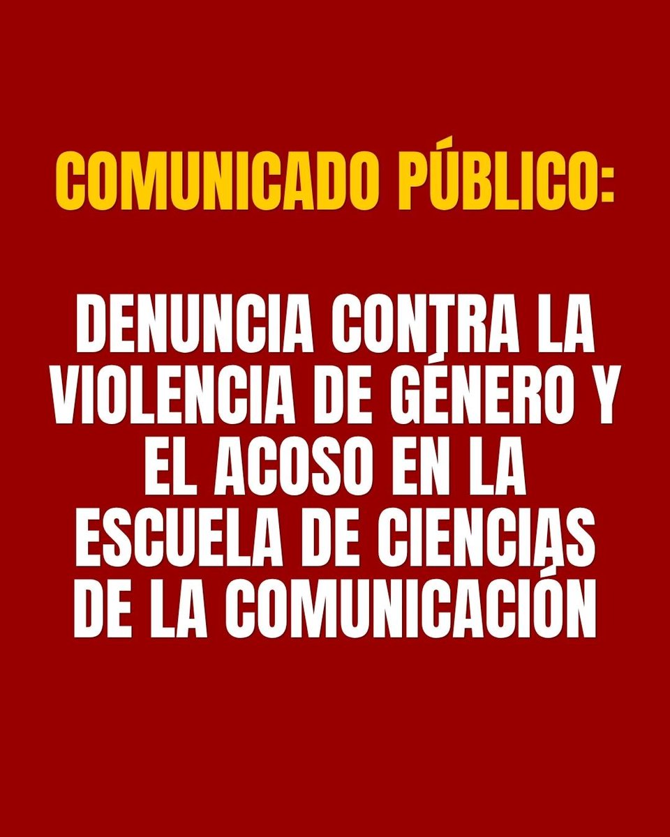 UniversitarioF4's tweet photo. 🚨 COMUNICADO PÚBLICO | DENUNCIA CONTRA LA VIOLENCIA DE GÉNERO Y EL ACOSO
Las estudiantes de la base 21-22 de la Escuela Profesional de Ciencias de la Comunicación denuncin públicamente un grave caso de violencia de género, hostigamiento y vulneración de su dignidad, cometido
1/3 https://t.co/gaDeASJ4Ad