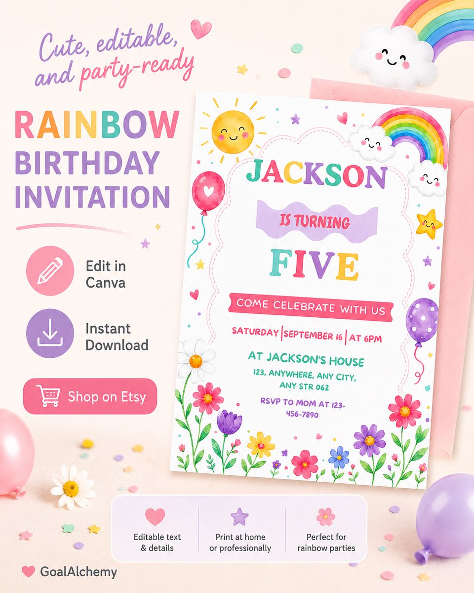 GoalAlchemyDsgn's tweet photo. Pastel rainbow birthday party invite 🌈

Editable Canva template for kids birthdays, rainbow parties, sunshine themes, and sweet pastel celebrations.

https://t.co/DHSCHCIYPk https://t.co/jAQoZut9JG