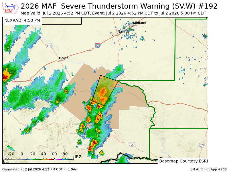 SCStormChasers's tweet photo. MAF issues Severe Thunderstorm Warning [wind: 60 MPH (RADAR INDICATED), hail: 0.88 IN (RADAR INDICATED)] for Pecos [TX] till 5:30 PM CDT https://t.co/bsX8HLMlXj https://t.co/nk19cFrmHS