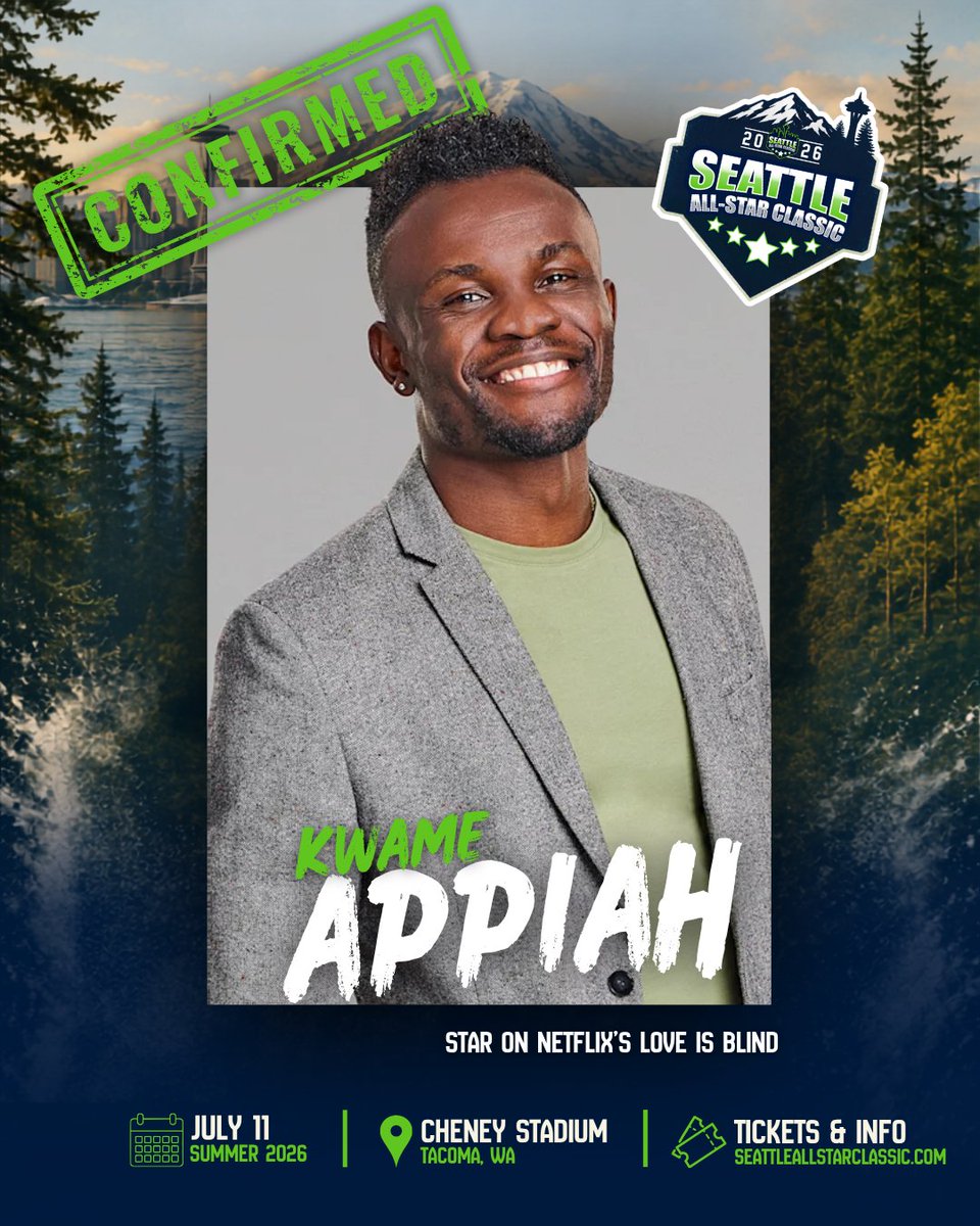 seattle_asc's tweet photo. Star of Netflix's Love is Blind, Kwame Appiah is coming back for the 2026 Seattle All-Star Classic!

Get your tickets today!
🎟️ https://t.co/9WHCDMC0Or
🗓️ Saturday, July 11th
📍Cheney Stadium (Tacoma, WA)
🕞 3:30 pm

#kwameappiah #loveisblind #sasc2026 #thingstodoinseattle https://t.co/FrfbSViISA