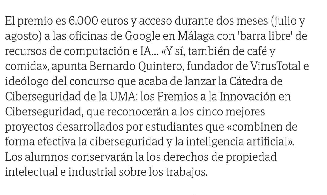 bquintero's tweet photo. Concurso de ideas de IA y ciberseguridad para alumnos de la UMA: el premio, 6.000 euros y un verano en Google https://t.co/Jw7Umt9v5h
