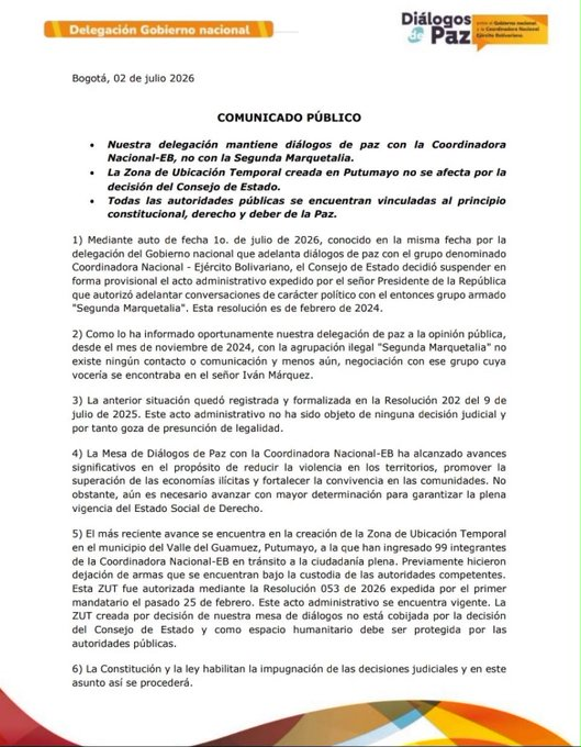 Horadelaverdad's tweet photo. La delegación de paz del Gobierno aseguró que la suspensión del Consejo de Estado a los acercamientos con la Segunda Marquetalia no afectará la nueva mesa de diálogos con la Coordinadora Bolivariana y los Comandos de Frontera.

Además, informó que una nueva resolución ya permitió la concentración de 99 combatientes en Zonas de Ubicación Temporal.
