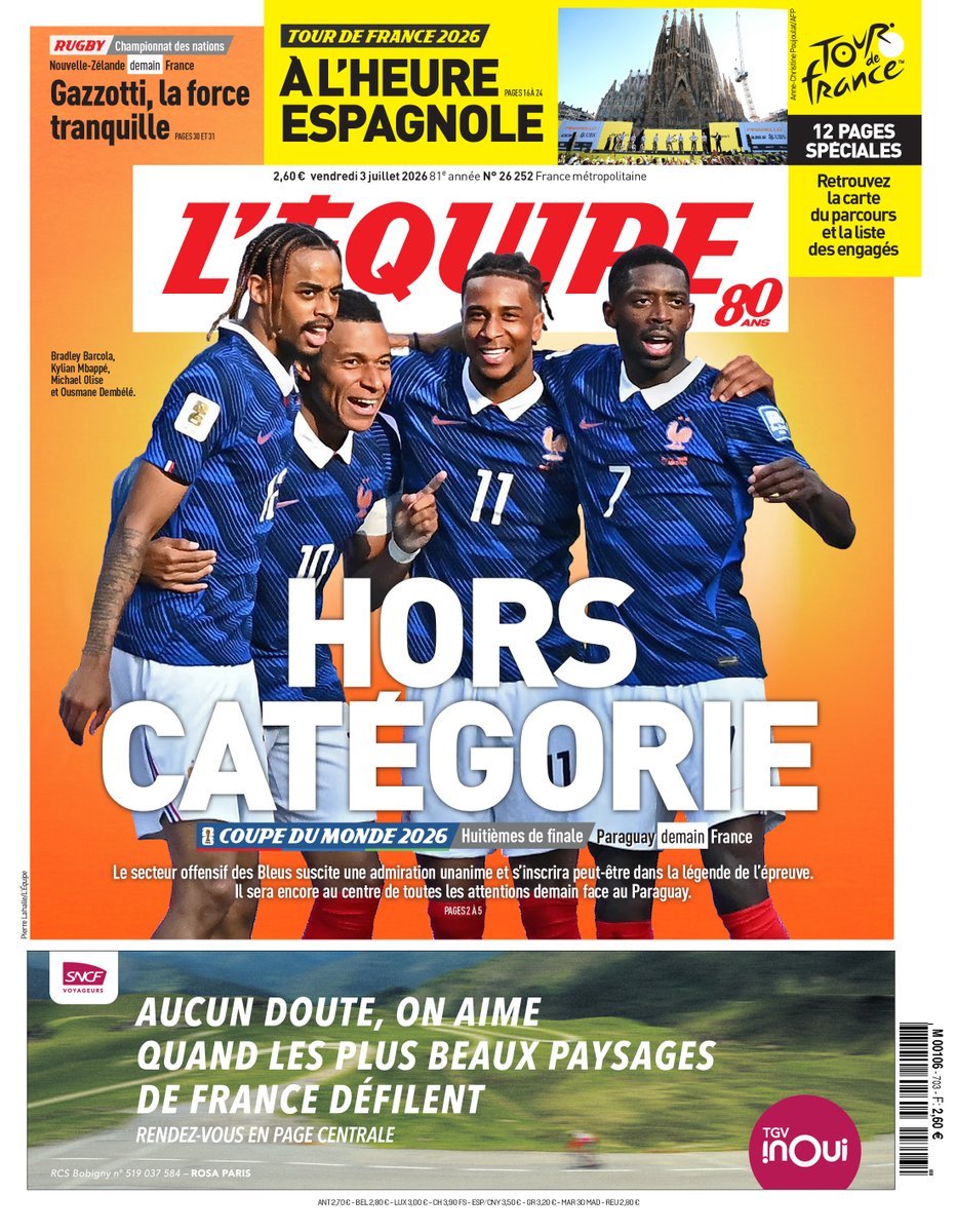 lequipe's tweet photo. 🗞️ « Hors catégorie » : la une du journal L'Équipe du vendredi 3 juillet 2026 https://t.co/0siBfG0hXs