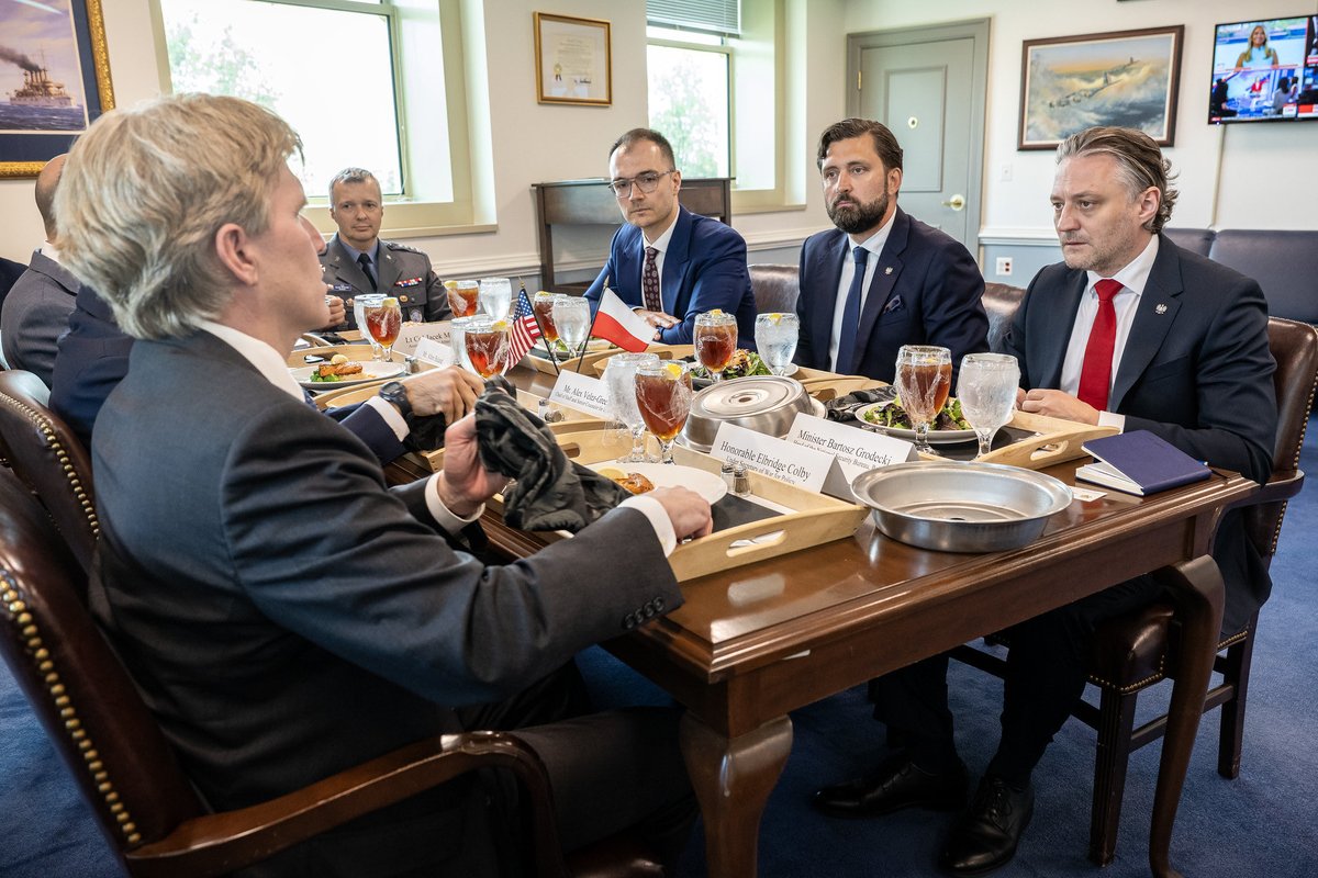 USWPColby's tweet photo. I was privileged to welcome Minister Bartosz Grodecki to the Pentagon today. We had a very productive discussion on many fronts, including strengthening America’s force presence in Poland and advancing on NATO 3.0. Poland continues to be a model ally, and we greatly value its leadership and partnership.
