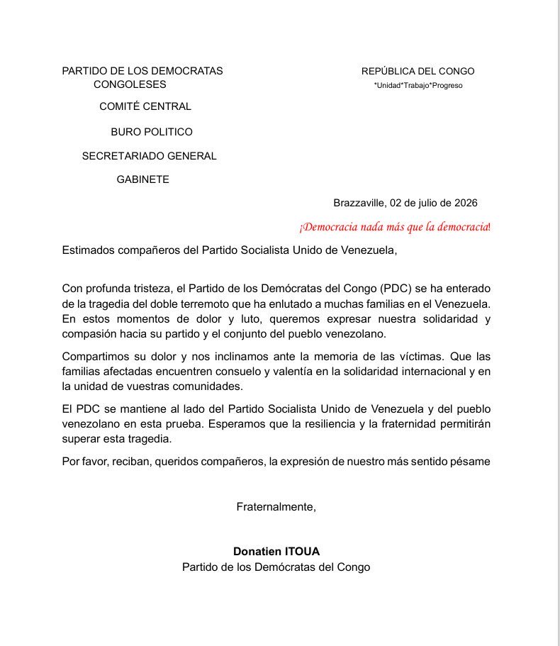 EmbCongo_ve's tweet photo. El presidente del Partido de los Demócratas del Congo (PDC), miembro de la mayoría presidencial, Sr. Donatien Itoua, transmitió su solidaridad al Pueblo de Venezuela ante la tragedia sísmica ocurrida el 24/06/2026.
@yvangil
#BringThemBack
#FreeThemNow
#FreeMaduro
#FreeCilia https://t.co/YWcyuGWBEn