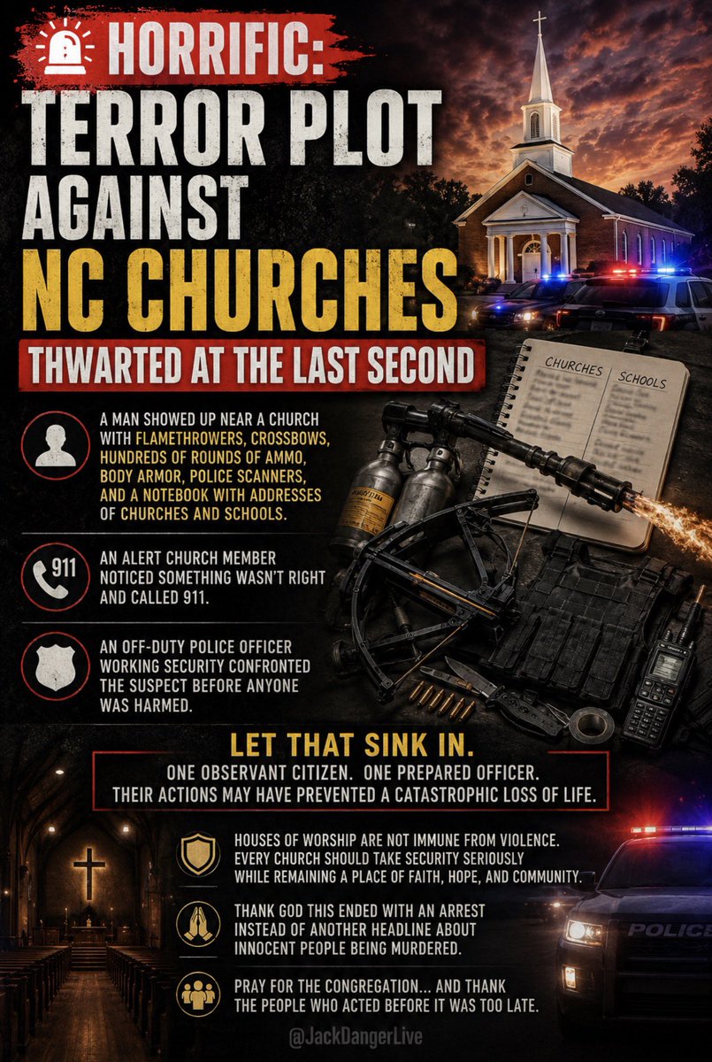 JackDangerLIVE's tweet photo. 🚨 HORRIFIC: TERROR PLOT AGAINST NC CHURCHES THWARTED AT THE LAST SECOND 🚨

According to authorities, a man in North Carolina was arrested after allegedly showing up near a church carrying an alarming cache of weapons, including flamethrowers, crossbows, hundreds of rounds of ammunition, body armor, police scanners, and a notebook reportedly containing addresses of churches and schools.

What stopped this from becoming a tragedy?

An alert church member noticed something wasn’t right and called 911.

An off-duty police officer working security confronted the suspect before anyone inside the church was harmed.

Let that sink in.

One observant citizen. One prepared officer.

If the allegations are accurate, their actions may have prevented a catastrophic loss of life.

This is also a reminder that houses of worship are not immune from violence. Every church should take security seriously while continuing to remain a place of faith, hope, and community.

Thank God this ended with an arrest instead of another headline about innocent people being murdered.

Pray for the congregation… and thank the people who acted before it was too late. 🙏🇺🇸