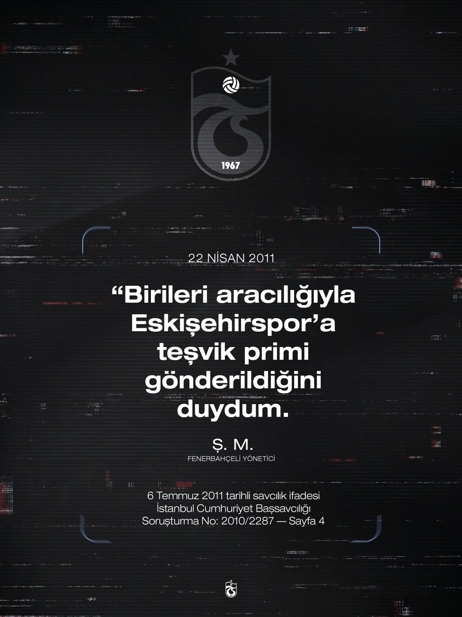 Trabzonspor's tweet photo. Tüm ifadelerinizde, söylemlerinizde, mahkeme salonlarında itiraf ettiniz!

Milyonlarca insanı kandırmaya çalıştınız!

Radara (!) yakalandınız!

“Mağduruz” diye ağladınız.

Bizi hiç tanımadınız!

Bu şehir, bu camia, bu coğrafya; unutmaz!

Kupamız Orada Oldukça Yüzünüz Gülmesin!

Fenerbahçeli yöneticinin 6 Temmuz 2011 tarihinde yaptığı şike itirafından:

“Birileri aracılığıyla Eskişehirspor’a teşvik primi gönderildiğini duydum.”