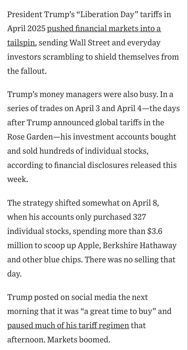 Amy_Siskind's tweet photo. WSJ: “Trump’s Brokerage Accounts Made Big Trades Around ‘Liberation Day’ Tariffs”

This is literally securities fraud! https://t.co/TM1OQZiNSU