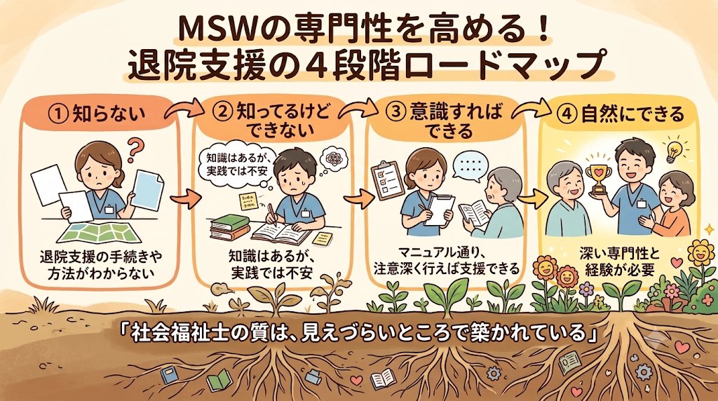 kei5850's tweet photo. 医療ソーシャルワーカーの退院支援は、表面的には誰でもできるが、専門性を発揮するまでには4つの段階がある。
①知らない
②知ってるけどできない
③意識すればできる
④自然にできる
「④自然にできる」に至るには、深い専門性と経験が必要。
表面的な仕事だけでは、社会福祉士の質は判断できない。 https://t.co/mWjXPcluMi