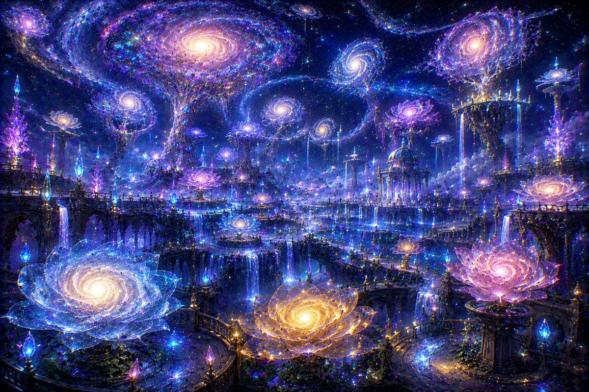 funfungen's tweet photo. 🌌 銀河を育てる庭園 ✨

宇宙のどこかで、
今日もひとつの銀河が咲く。

星は花びらとなり、
光は永遠の庭を育て続けている。

#幻想風景 #天体神話 #銀河の庭園 #イラスト https://t.co/jfxf67o9pf