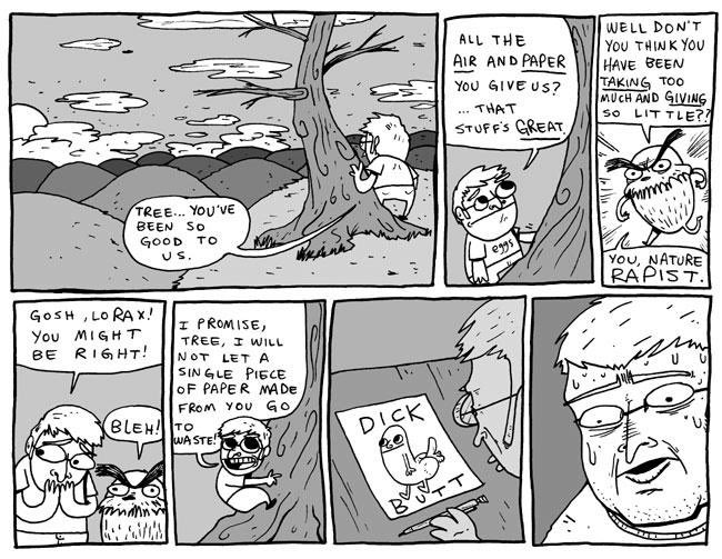 caTpnn's tweet photo. On this day 20 years ago, artist K.C. Green published a webcomic titled “Tree. You’ve Been Good to Us" as part of the Horribleville series, which featured an artist who illustrates the Dick Butt character after being scolded for wasting tree resources as a child. https://t.co/PX19KgZ8hW