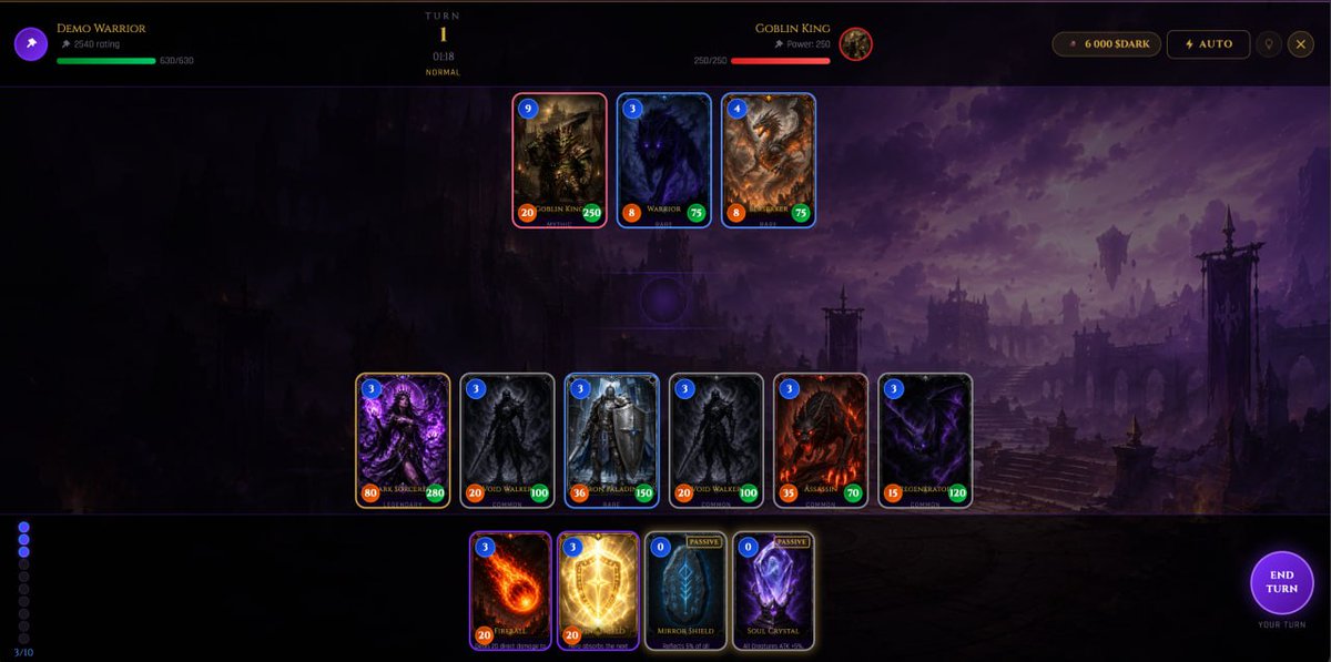 PlayDarkArena's tweet photo. Dark Arena is an on-chain card battle RPG on Solana

You collect cards. You build a deck. You descend into the Arena and fight your way through five bosses, each harder than the last

Win, and you earn $DARK. Lose, and the Arena still remembers how far you got

Simple to start. Deep enough to stay