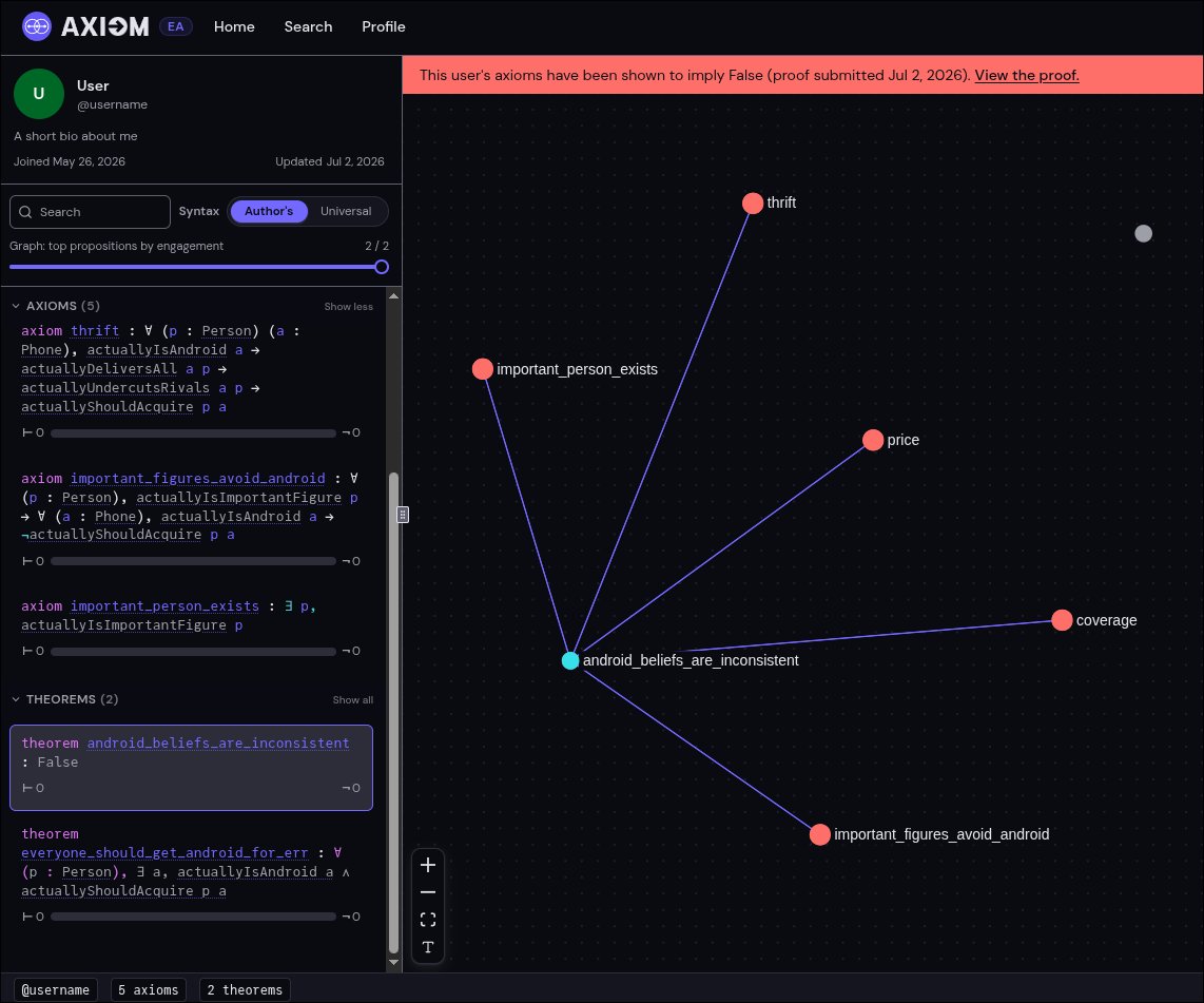 SemanticSamuel's tweet photo. It's hard to know what makes an idea good, but inconsistency ALWAYS makes an idea bad. Axiom provides an arena for ideas where the rules of logic are enforced. Our early access experience will be out in a few days! https://t.co/AUBTJ2JxW5