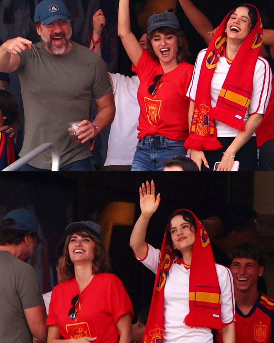 ashotmagazine's tweet photo. Penélope Cruz, Javier Bardem and Rosalía celebrating Spain's win over Austria at the 2026 FIFA World Cup. https://t.co/2XsmwzaHhm
