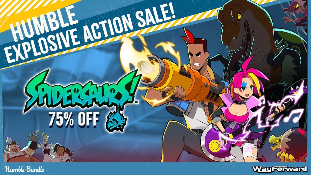 WayForward's tweet photo. Wield 12 awesome weapons to obliterate a man-eating mutant menace in Spidersaurs! Run 'n' gun your way to victory for 75% off on Humble! https://t.co/m7bLLcgRFN