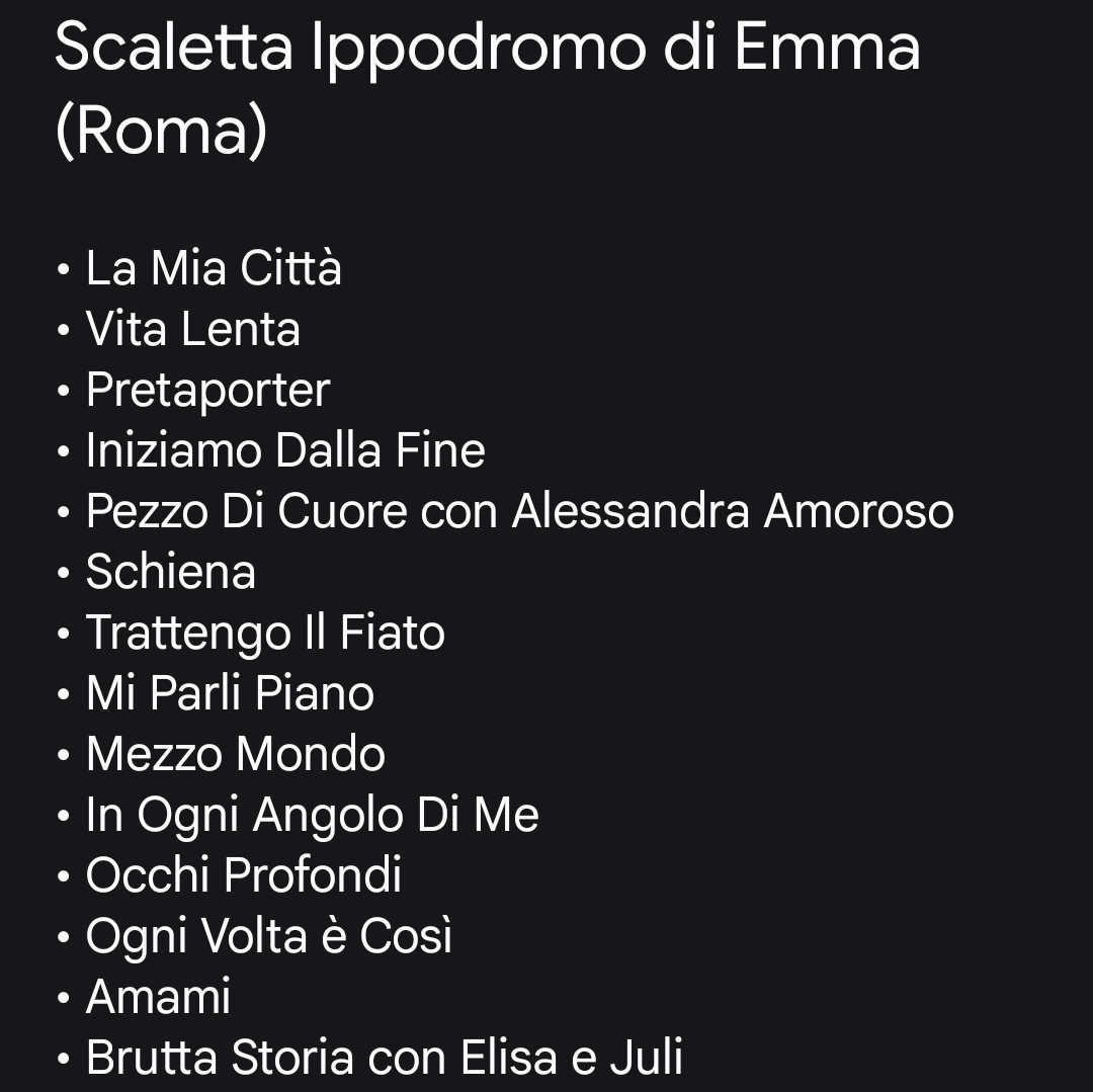 real_apm01's tweet photo. Ecco a voi la scaletta del concerto all'ippodromo di Emma.

La scaletta più o meno sarà uguale per tutte le date! https://t.co/Ul3qGuoH6R