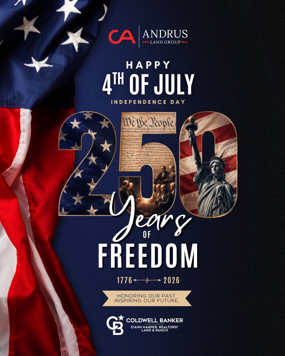 chad_LANDrus's tweet photo. 𝟐𝟓𝟎 𝐘𝐞𝐚𝐫𝐬 𝐨𝐟 𝐅𝐫𝐞𝐞𝐝𝐨𝐦. 𝐀 𝐋𝐞𝐠𝐚𝐜𝐲 𝐓𝐡𝐚𝐭 𝐋𝐢𝐯𝐞𝐬 𝐎𝐧. 🇺🇸
From all of us at Andrus Land Group, we wish you a safe, joyful, &amp; meaningful Independence Day.

Happy 4th of July! ❤️🤍💙

#America250 #Freedom250 #FourthOfJuly #IndependenceDay #AndrusLandGroup https://t.co/uBPR161eXT