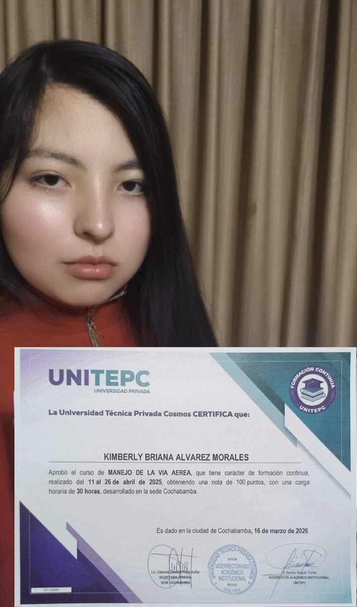 kimy09225's tweet photo. Agradezco a Dios por permitirme alcanzar un nuevo logro. Hoy recibí mi certificado del curso de Manejo de Vía Aérea culminándolo con una calificación de 100 puntos. Este reconocimiento fortalece mi compromiso de disciplina y perseverancia.
#seraspace #Bolivia #space
#SERASpace https://t.co/kx12BDYMCJ