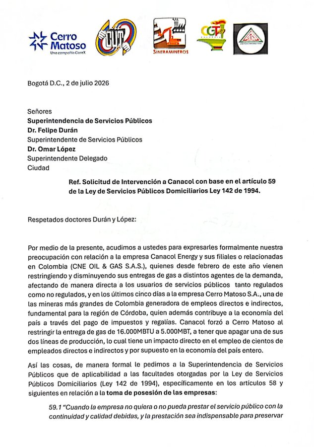 Horadelaverdad's tweet photo. Ante las afectaciones generadas por la suspensión del suministro de gas de Canacol Energy, sindicatos, centrales obreras y empresas pidieron la intervención inmediata de la Superintendencia de Servicios Públicos Domiciliarios.

Los sectores afectados advirtieron sobre el impacto en la economía y solicitaron preservar los contratos de gas existentes.