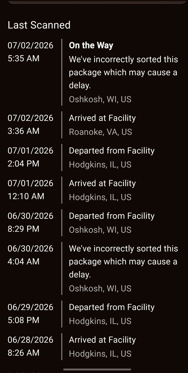 Deawoo9's tweet photo. @UPS are your AI sort machines broke? Look at this pic, How can you mess up when it's in Wisconsin, finally send it to Roanoke, when I live and then apparently send it back to Wisconsin...now a WEEK late than original delivery date! Do better!! https://t.co/hDa1LtINfP