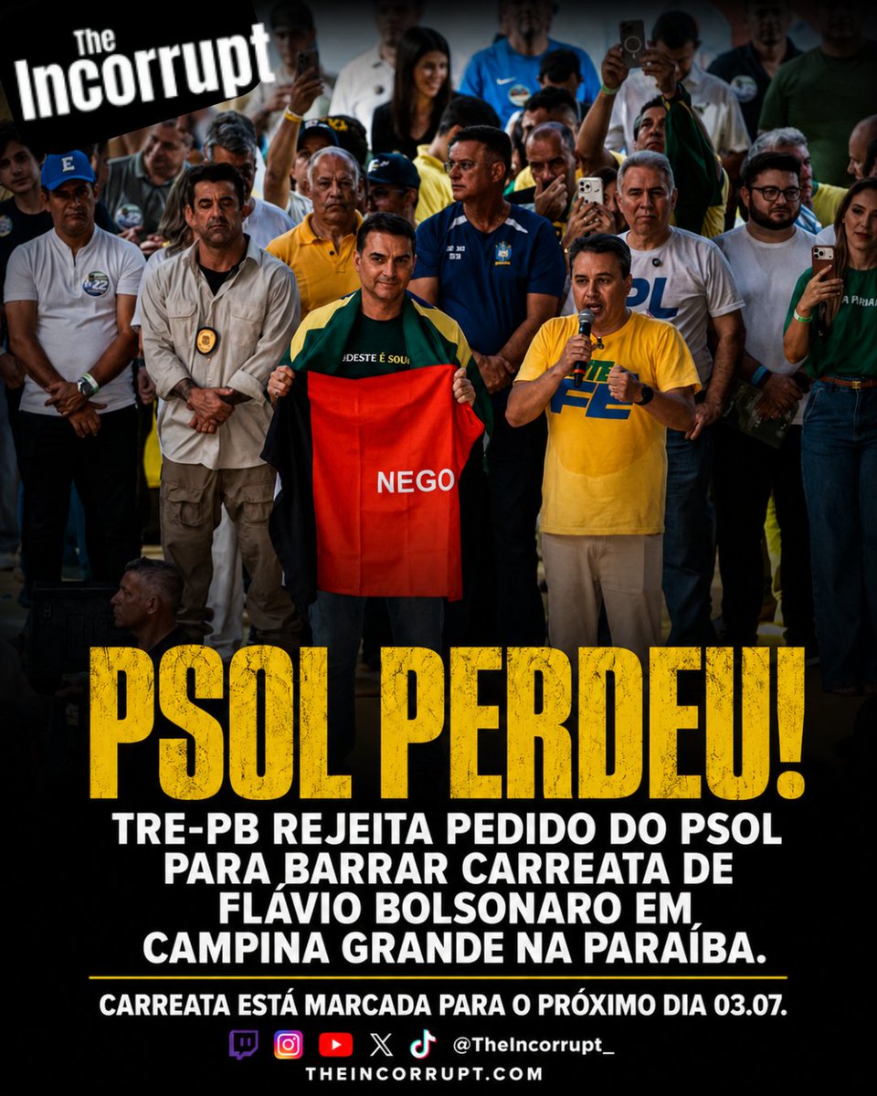 TheIncorrupt_'s tweet photo. 🗣 PSOL PERDEU. A CARREATA VAI ACONTECER. | O TRE-PB rejeitou o pedido do PSOL e da Federação PSOL-Rede para tentar barrar a carreata e os atos políticos da visita de Flávio Bolsonaro a Campina Grande, na Paraíba.

Segundo a decisão, não havia elementos concretos suficientes para impedir previamente a mobilização. O juiz também destacou que, até o momento, não foi demonstrado pedido explícito de voto, distribuição de material de campanha ou uso de meios vedados pela legislação eleitoral.

Ou seja: tentaram parar no tapetão, mas não conseguiram.

Flávio Bolsonaro chega a Campina Grande nesta sexta-feira, 3 de julho, às 19h, no Aeroporto João Suassuna. A recepção será comandada pelo PL da Paraíba, com Efraim Filho, Marcelo Queiroga, Cabo Gilberto e lideranças conservadoras do estado.

A agenda terá três momentos: recepção no aeroporto, visita ao Sítio São João e participação no Parque do Povo, durante o Maior São João do Mundo.

A direita paraibana vai às ruas.

E Campina Grande vai receber Flávio Bolsonaro!