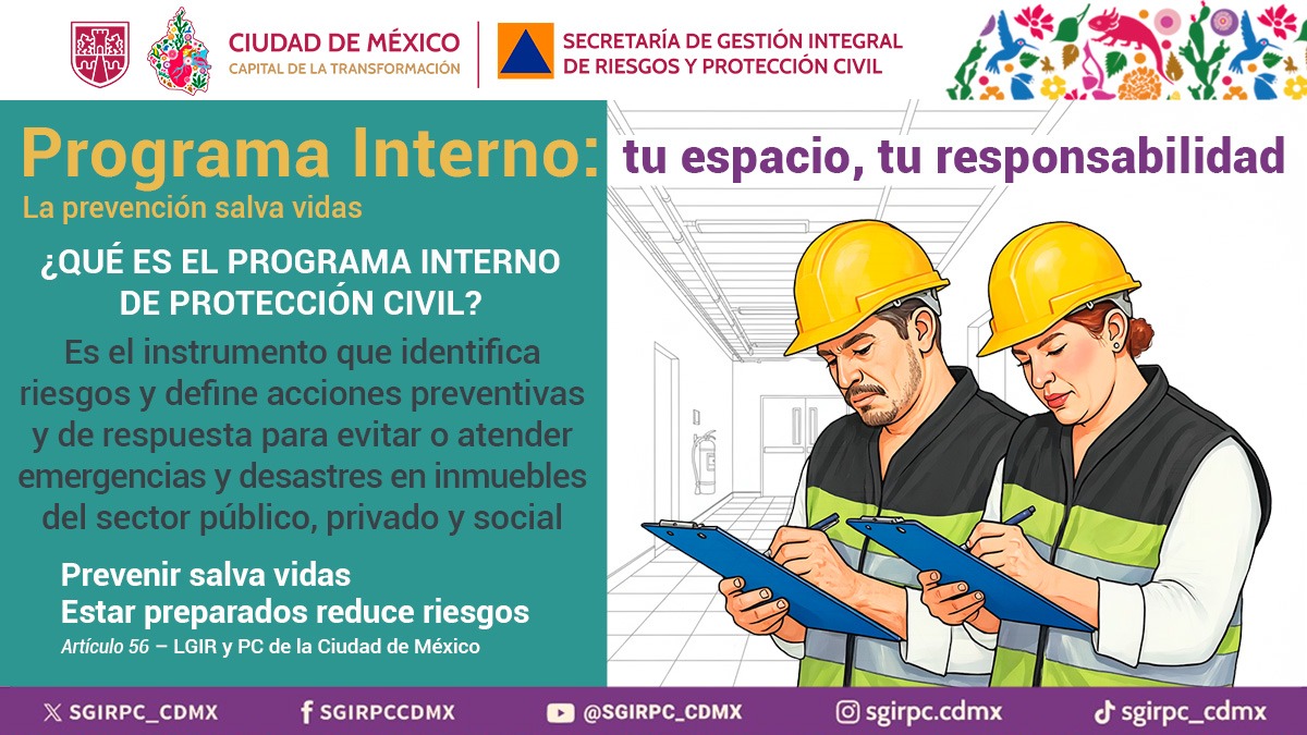 SGIRPC_CDMX's tweet photo. Los Programas Internos de Protección Civil #PIPC fortalecen la cultura de la prevención y la autoprotección en centros de trabajo, escuelas, instituciones públicas y espacios comunitarios.
Son una herramienta clave para identificar riesgos, organizar la respuesta ante emergencias y proteger la vida de las personas.
¿Ya cuentas con tu Programa Interno de Protección Civil? Elabóralo, actualízalo y participa activamente en tu entorno.
#LaPrevenciónEsNuestraFuerza #ProtecciónCivil #GestiónDeRiesgos #CulturaDeLaPrevención