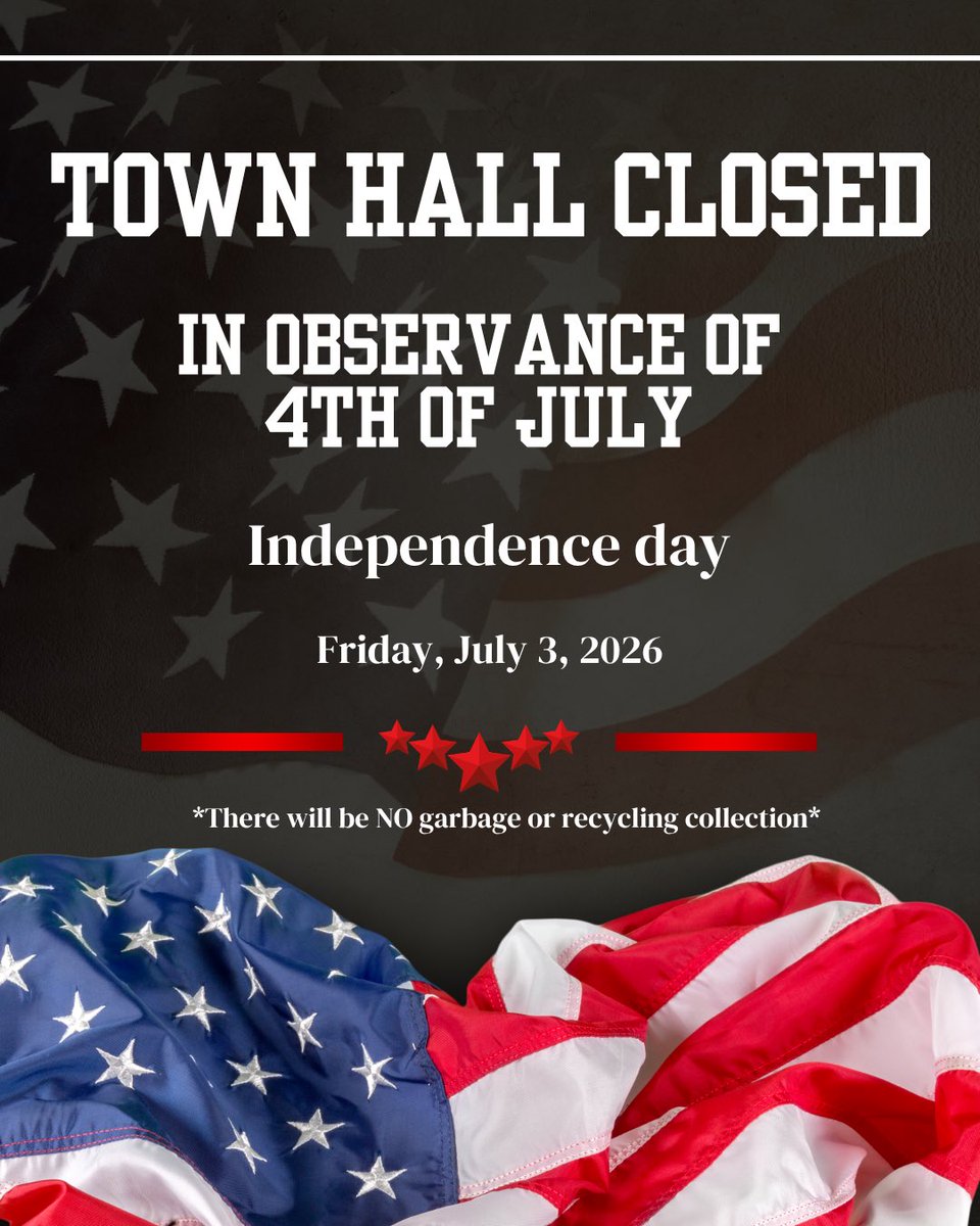 millburntwp's tweet photo. Be advised, Town Hall will be closed on Friday, July 3 in observation of 4th of July.

Please note, garbage and recycling will not be collected on July 4th. https://t.co/XL2l9x9uwu