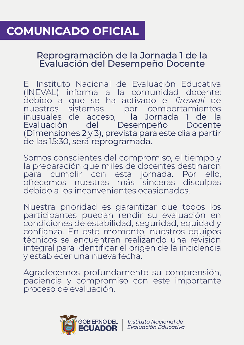 Evaluacion_Ec's tweet photo. 📢 A nuestros queridos docentes:
Les invitamos a revisar la información oficial sobre la Jornada 1 de la Evaluación del Desempeño Docente.

Toda la información sobre este proceso será comunicada únicamente a través de nuestros canales oficiales.

👇 Revise el comunicado completo. https://t.co/FUiJgykD2s
