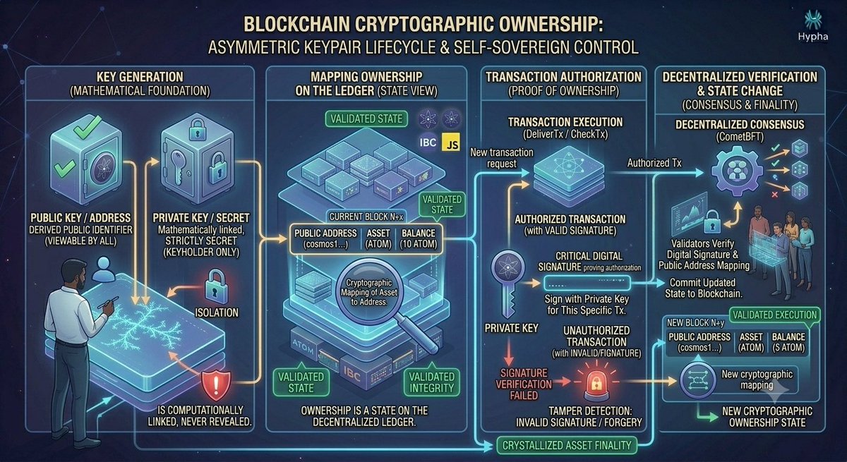 EazeValidator's tweet photo. Blockchain cryptographic ownership is the mathematical paradigm that enables true, self-sovereign control over digital assets on a decentralized ledger without the need for a trusted intermediary, relies entirely on asymmetric cryptography, where each participant holds a unique. https://t.co/AF06TRwvq8
