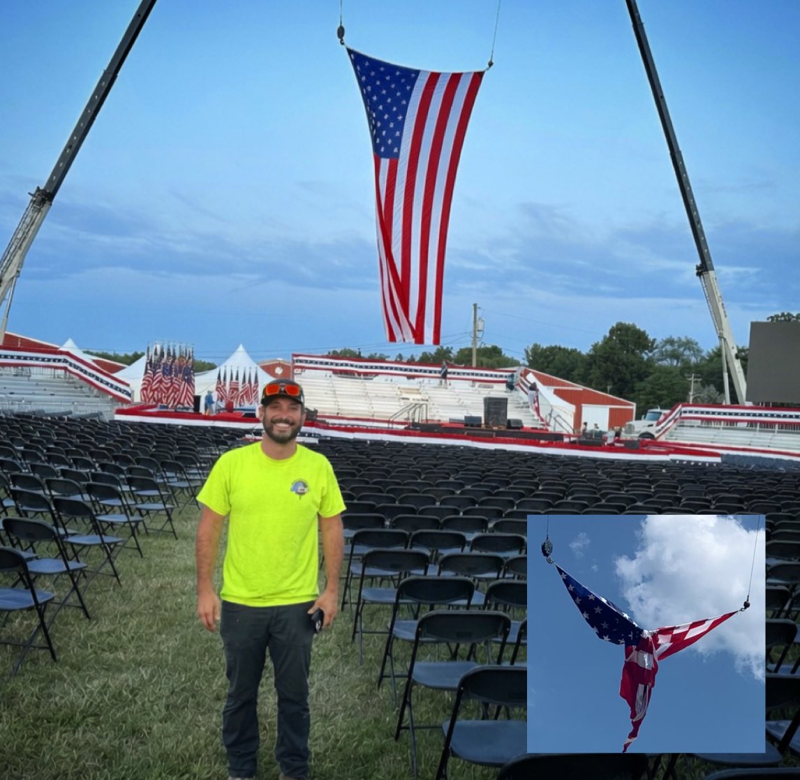 JondavidRLongo's tweet photo. Thanks to Mitch DeLullo of Priority Crane Rentals, the same American flag that flew above the Butler Farm Show for @POTUS @realDonaldTrump rally on July 13, 2024 will now fly proudly over S. Main St in Downtown Slippery Rock for Slippery Rock's Freedom250 Semiquincentennial Celebration.

This flag flew through one of our most difficult and defining moments in American history. Now, it represents resilience, unity, and the enduring spirit of our community and nation.  It has been carried from a national moment of challenge into the heart of small-town America for a moment of celebration of the freedoms and ideals that have sustained us for 250 years.

Come see it fly this Saturday to honor our past and look forward to the future ahead 🇺🇸