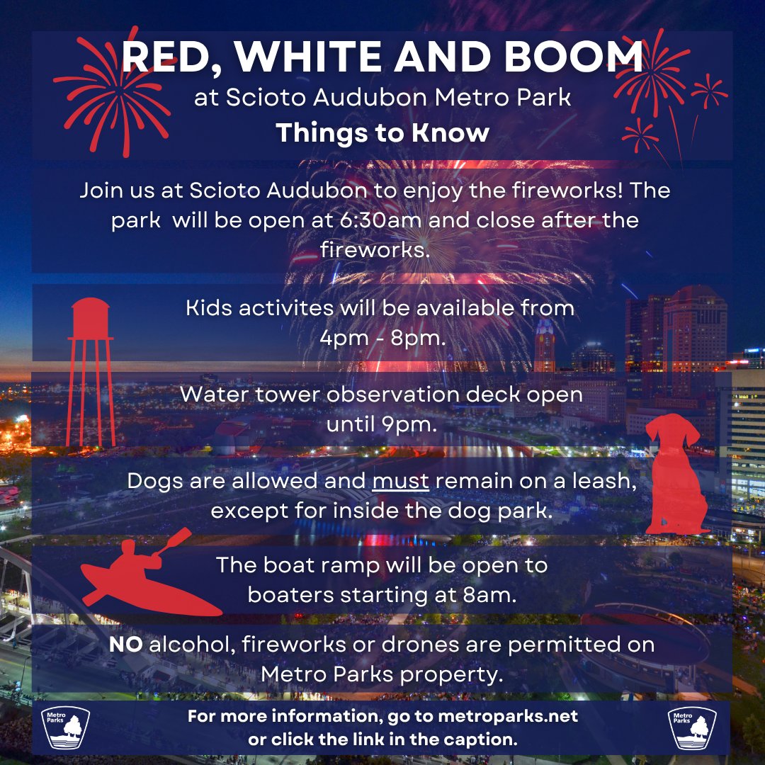 CbusMetroParks's tweet photo. Are you ready for Red, White, and Boom? 

Check out the "know before you go" so that everyone can have a safe and fun time celebrating 🎆

Don't forget to stay hydrated! It's going to be a hot one 🔥

Find more info here: https://t.co/M6DCmgSt2c https://t.co/HwB5WA04WT