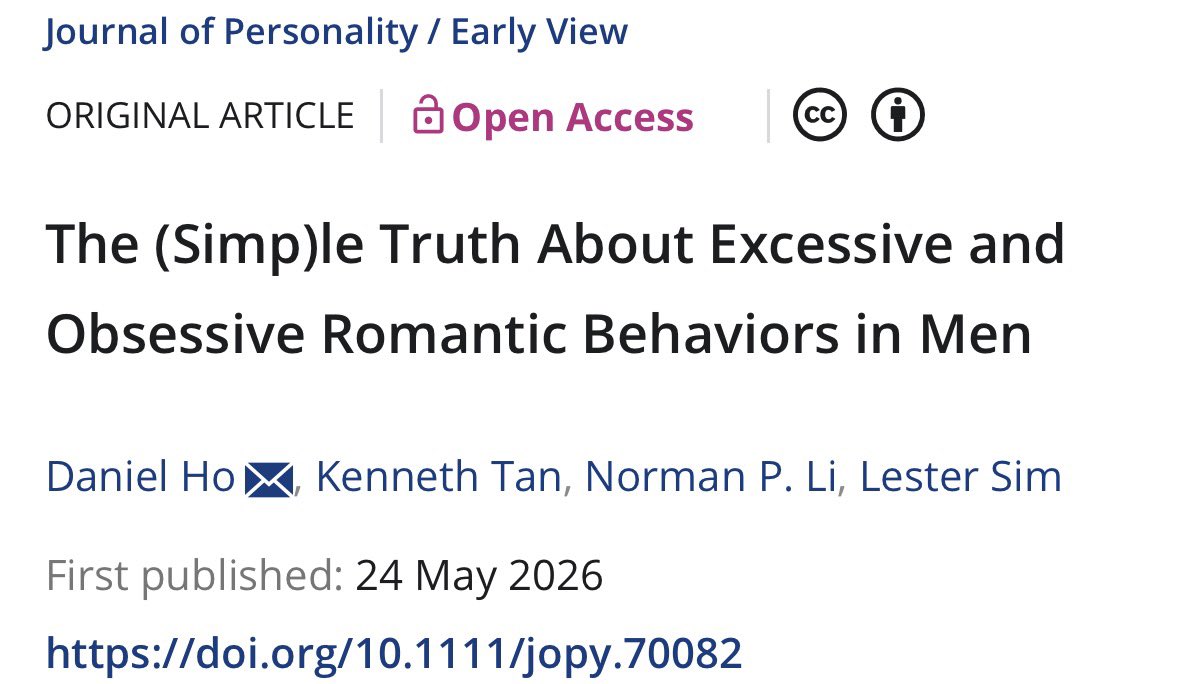 idyllicmusing's tweet photo. The common belief that simps are just low-value, unattractive, or low-status men overcompensating is not what data shows.
Fear of being single correlates with simping behaviors at r = 0.35. In regression models holding constant mate value, physical attractiveness, social status, dominance, neuroticism, and other traits, fear of being single remains a strong independent predictor (β = 0.43) while those other variables add essentially zero unique variance. People readily perceive simps as low in mate value, lacking self-identity, and even exploitative yet none of those actual self-reported traits predict the behavior. The driver is internal anxiety about staying single. Adding causal evidence, experimentally increasing that fear raised simping scores, but only among men who already had a specific romantic interest (jumping from 3.79 to 4.37). In other words, singlehood anxiety can push men into costly, unreciprocated pursuit regardless of how they actually rate on the mating market.