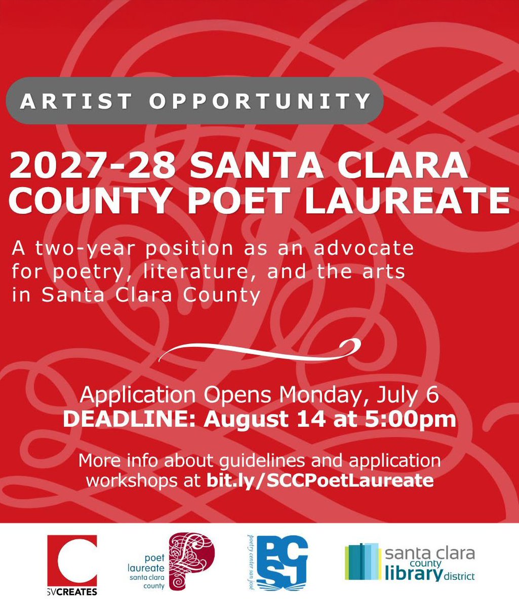 contentmag's tweet photo. Applications for the 2027–2028 Santa Clara County Poet Laureate officially open July 6.

Workshops:
Milpitas: Tues, 7/7 | 6:30p 
Online: Fri, 7/10 | 5:30p
Gilroy: Mon, 7/13 | 6:30p

Deadline: Fri, 8/14

Info:
https://t.co/t1Qph53FQT https://t.co/MecLO3MHsk