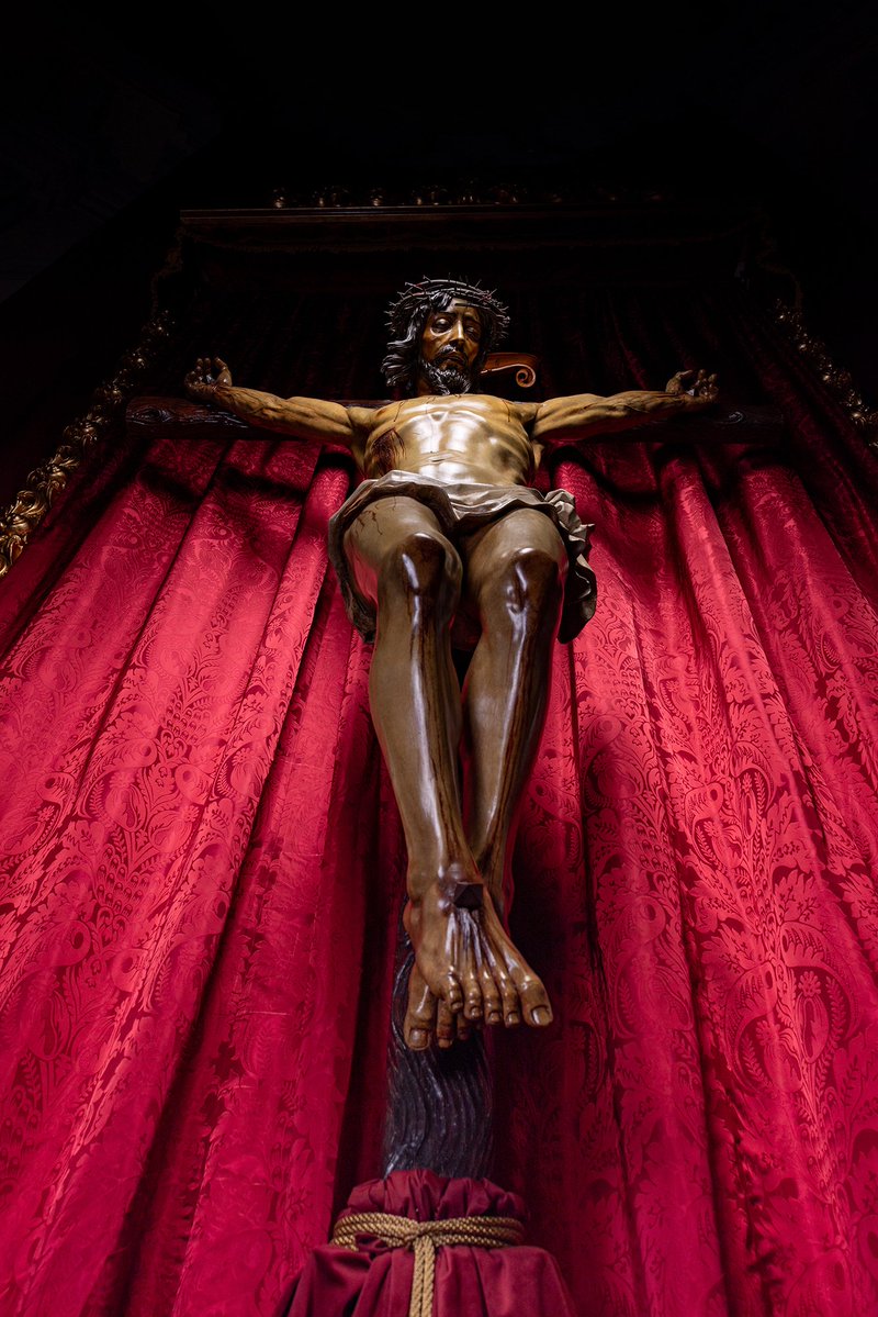ArchiSangre's tweet photo. El Señor se alza bajo el coro de la Parroquia de San Felipe con el nuevo dosel de cultos de la Archicofradía y exornado con cuatro ánforas de calas, cardos y clavel sangre de toro.

#CofradíasMLG #ArchiSangre https://t.co/Z3TbE2wVeZ