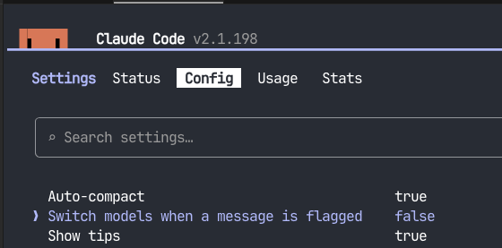 Claude Code settings screenshot showing the toggle for switching models when a message is flagged