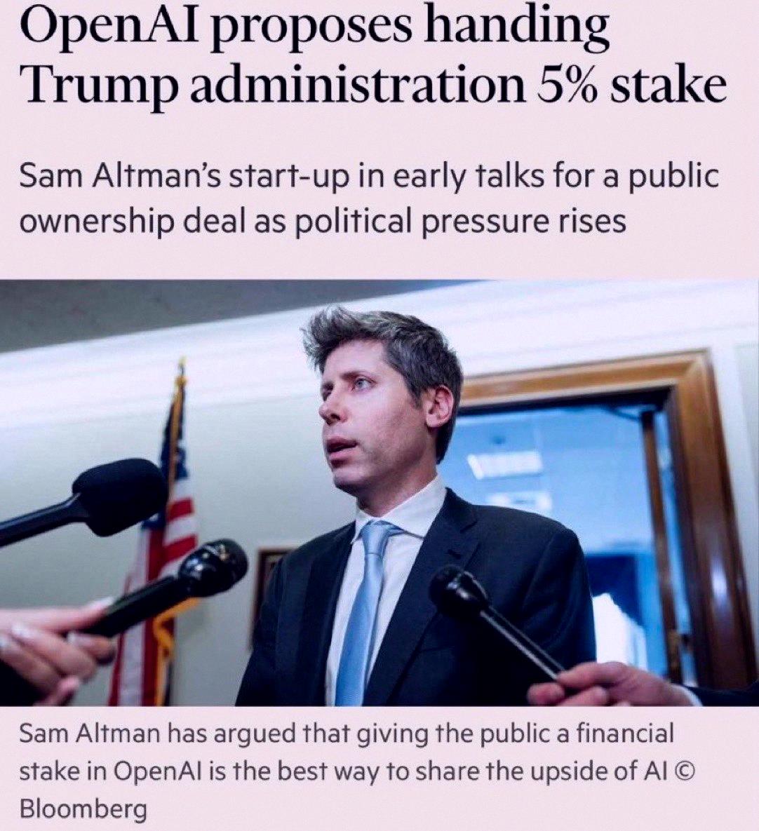 stylingwithvay's tweet photo. So OpenAI is thinking about giving the US government a 5% stake in the company. 

Could be good if you think the gov will make sure AI doesn't tank…

Or bad if OpenAI's in trouble and the gov ends up holding the bag.

For Trump's team, maybe it makes sense—if half of GDP https://t.co/he1FYWfAKu