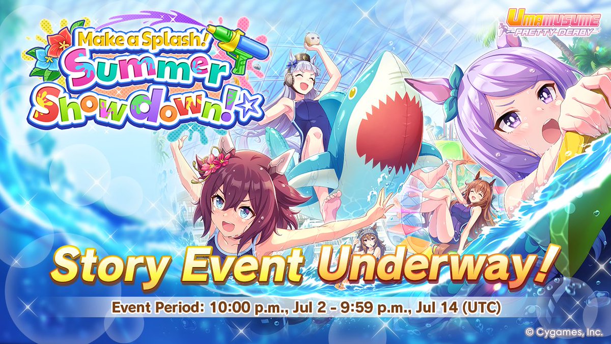 umamusume_eng's tweet photo. The story event "Make a Splash! Summer Showdown! ☆" has begun! 🥕

Collect Event Points for event-exclusive Support Cards and Rainbow Crystal Shards! And don't miss the exclusive story!

For more details, please check the in-game notice.

#Umamusume https://t.co/ueoHEYwB1v