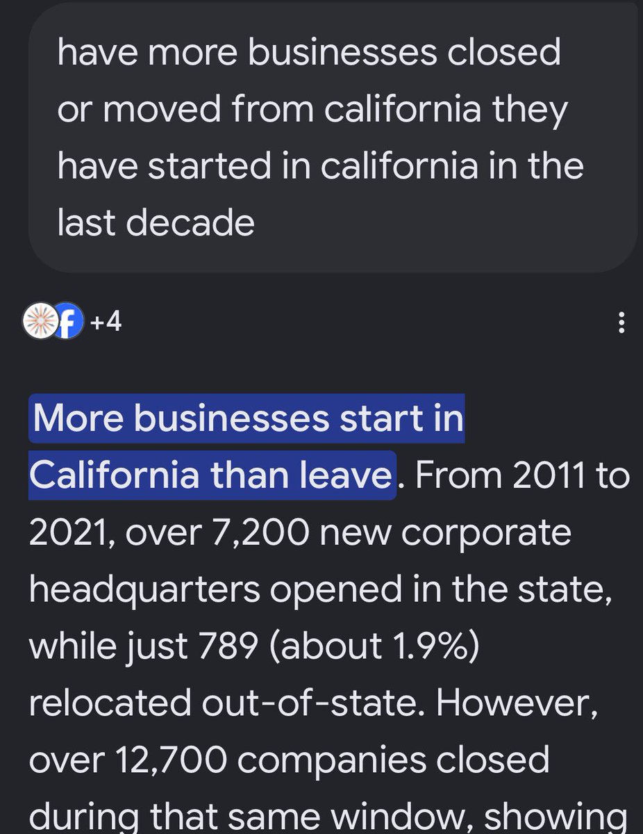 4204eveh15586's tweet photo. The leftist policies of California has closed more businesses or they moved from California in the last decade than have been started. And this doesn’t include 2022-2025, which is when most of the bigger corporations like all of Elon’s businesses left. Zuckerberg too.

Sad to see it, but until they DEMAND that the elections in California are fixed to stop the legalized cheating, the decline will continue. The Democrats have no clue how or the desire to fix it.