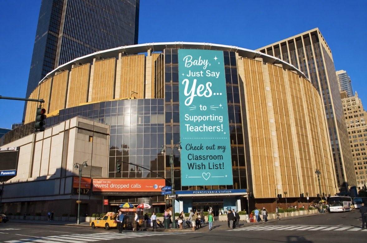 Mollyolsenhere's tweet photo. Lots of eyes on Madison Square Garden 👀 to celebrate Taylor Swift &amp; Travis Kelce, ♥️ so I figured what better place to advertise my classroom wish list?!?!✏️

Wanna be charitable like Taylor? Grab something off my list to support 100+ public school kids! https://t.co/eGvi4Q8SXl https://t.co/hL6OOVWl7u