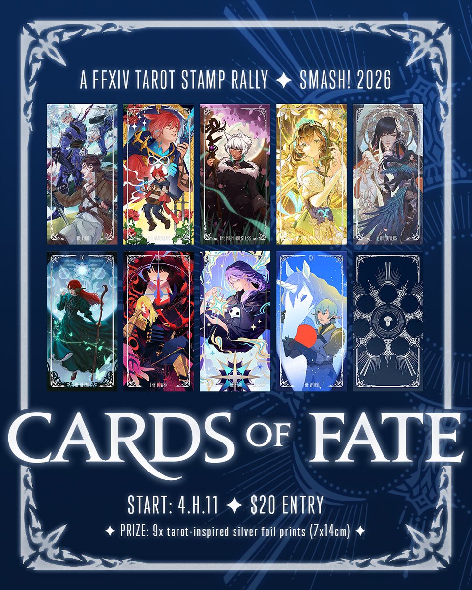 circuitrin's tweet photo. hi warriors of light at SMASH, welcome to cards of fate: a ffxiv tarot stamp rally! ✦ 

details below ⬇️

#ffxiv #ff14 #smashcon #smashcon2026 https://t.co/Uly4m90MnK