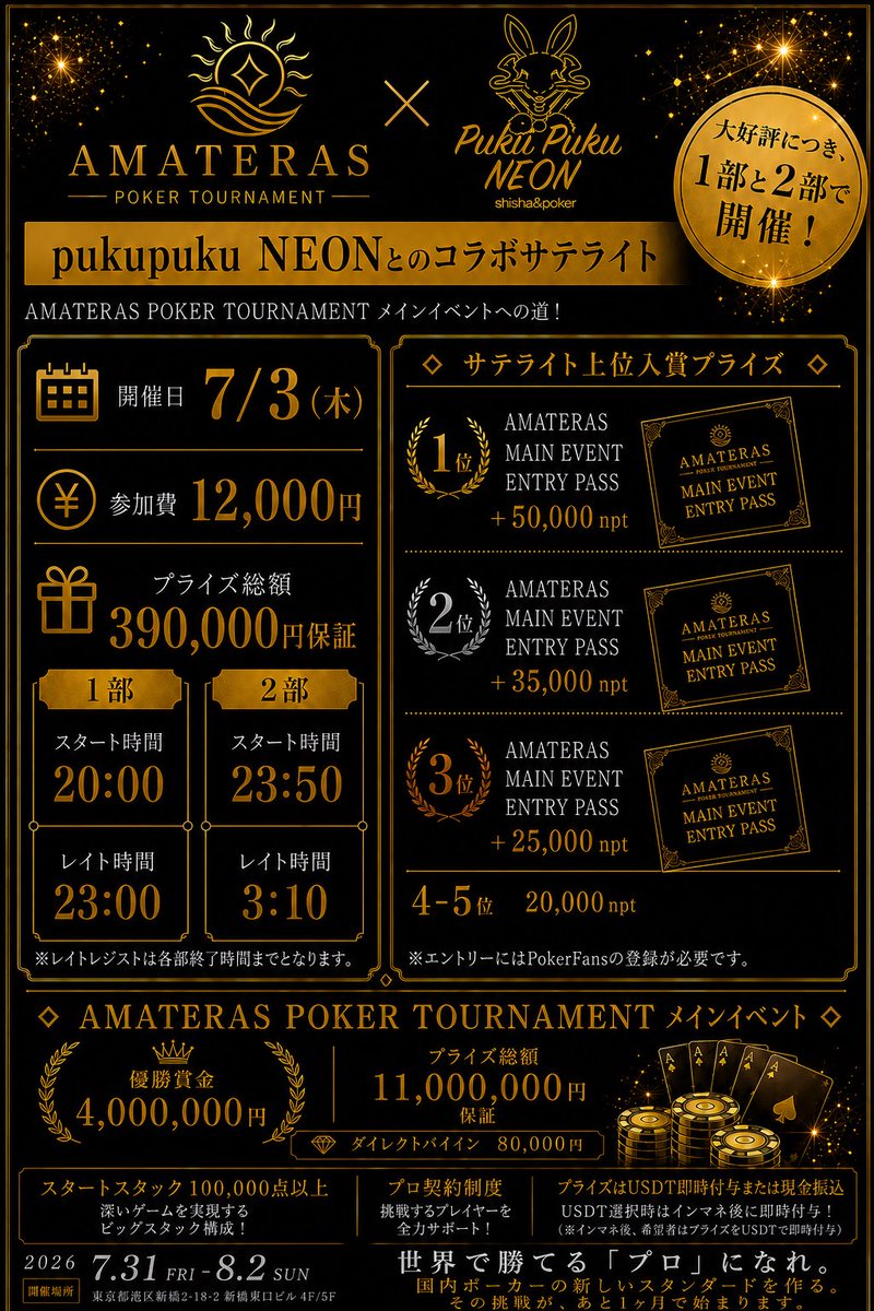 NEONpoker2929's tweet photo. 【優勝400万円のAMATERASメインサテライト】

大好評につき、
7/3(金)も1部と2部で開催！！

1部、2部合計12名に無料or半額当選✨

本日分のリポストキャンペーンは引用元のポストで行っています！

本日17時に当選発表行いますので、参加ご希望の方は17時までに引用リポストお願いします！ https://t.co/TEMIxptOz4