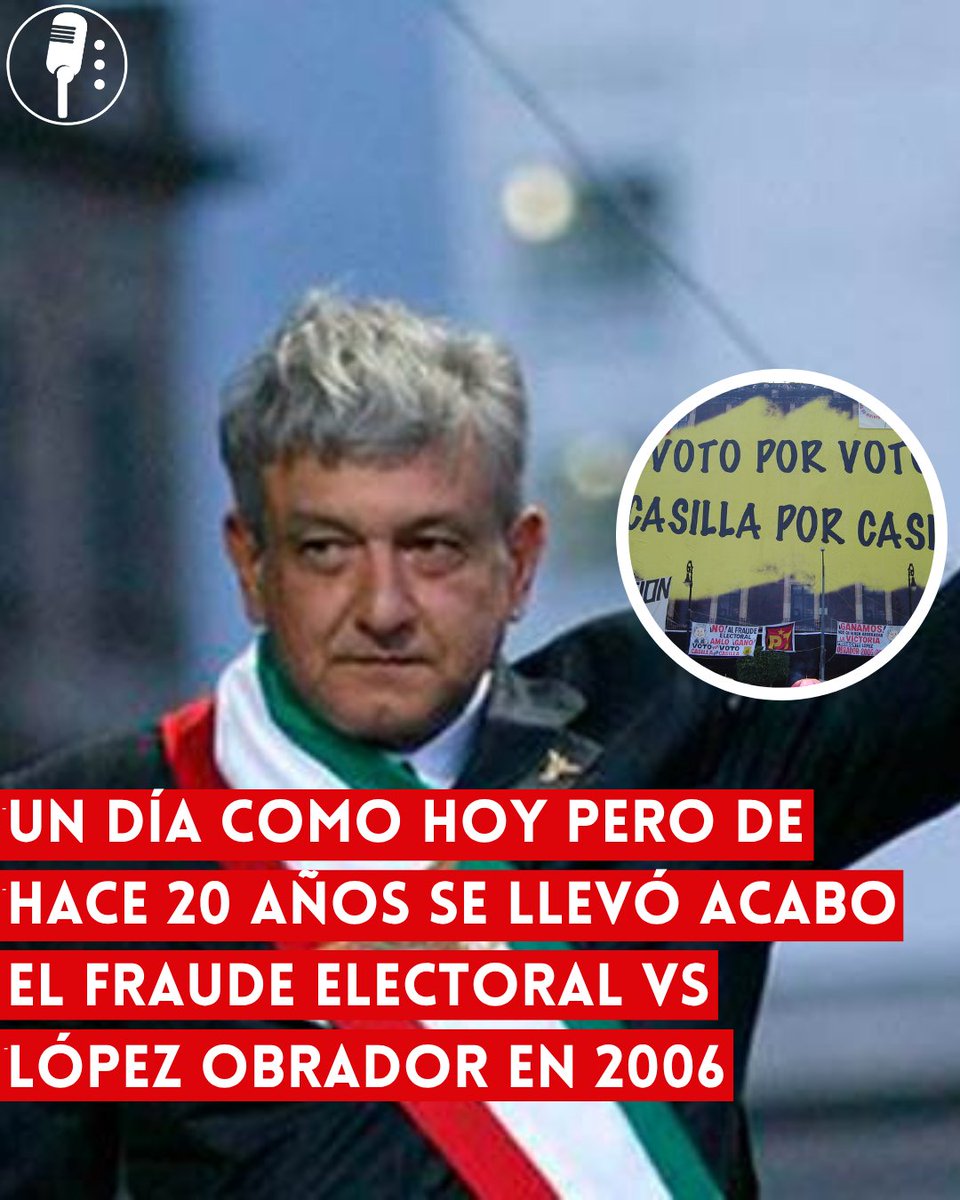 YosoyPedrero's tweet photo. 🚨OJO: UN DÍA COMO HOY PERO DE HACE 20 AÑOS SE LLEVÓ A CABO EL FRAUDE ELECTORAL VS LÓPEZ OBRADOR EN 2006

A 20 años de la elección presidencial de 2006, el pueblo mexicano sigue recordando el proceso como una injusticia que vulneró la voluntad popular y afectó directamente al ahora expresidente Andrés Manuel López Obrador.

Tras un resultado sumamente cerrado, López Obrador denunció irregularidades en el conteo de votos, lo que detonó una movilización histórica de ciudadanos que salieron a las calles para defender lo que consideraban un triunfo legítimo.

Durante semanas, el pueblo organizado mantuvo protestas pacíficas, exigiendo un recuento voto por voto y mayor transparencia, ante la desconfianza hacia las instituciones electorales.

Con el paso del tiempo, este episodio se convirtió en un símbolo de lucha del pueblo por la democracia, consolidando un movimiento social que años después lograría transformar el rumbo político del país.