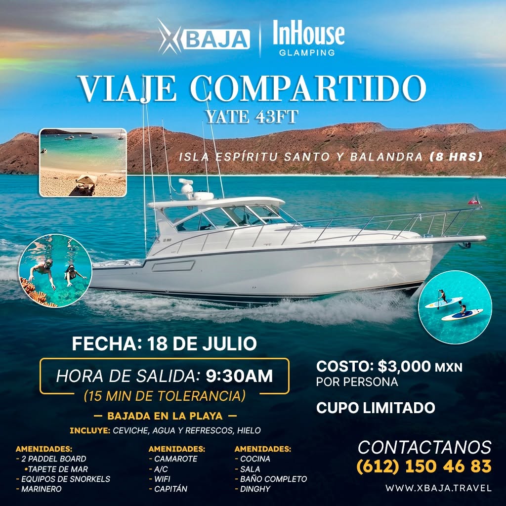 XBajaTravel's tweet photo. 🚤 Viaje Compartido a Isla Espíritu Santo y Balandra
Disfruta 8 horas de aventura, mar turquesa y paisajes espectaculares a bordo de un yate de 43 pies.
✨ Incluye:
• Ceviche, agua, refrescos e hielo
• Paddle board y equipo de snorkel
• Capitán y marinero
• Camarote y baño https://t.co/wa1zxUrXGs