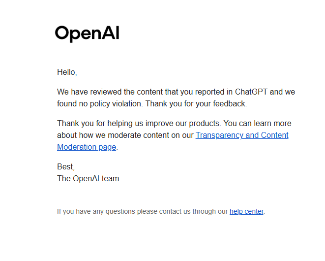 ItsHapa's tweet photo. CANCEL YOUR CHATGPT SUBSCRIPTION NOW!

 I reported a serious exploit and this was the response @openai gave... makes perfect sense... ai tech support🤣

IG they don't care their users are being fooled inside their app and getting hacked🤷‍♂️ https://t.co/pLHZjr4HJl